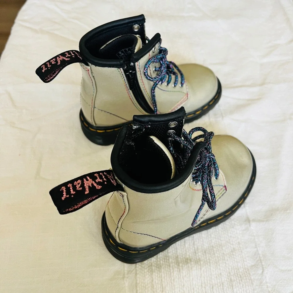 Dr. Martens 1460 T Toddler Sparkle Rays Boots Silver Rainbow Lace Up Size 7 US
